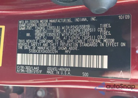 2010 Toyota Highlander Sport V6 z USA, uszkodzony, nr VIN 5TDEK3EH3AS003294